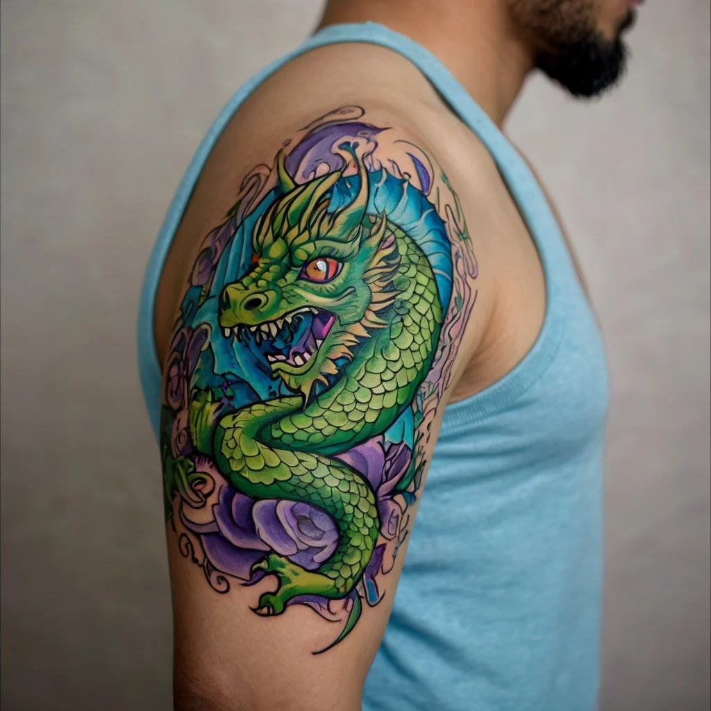 Green dragon on upper arm, coiled with vibrant blue and purple background, evoking power and mysticism.