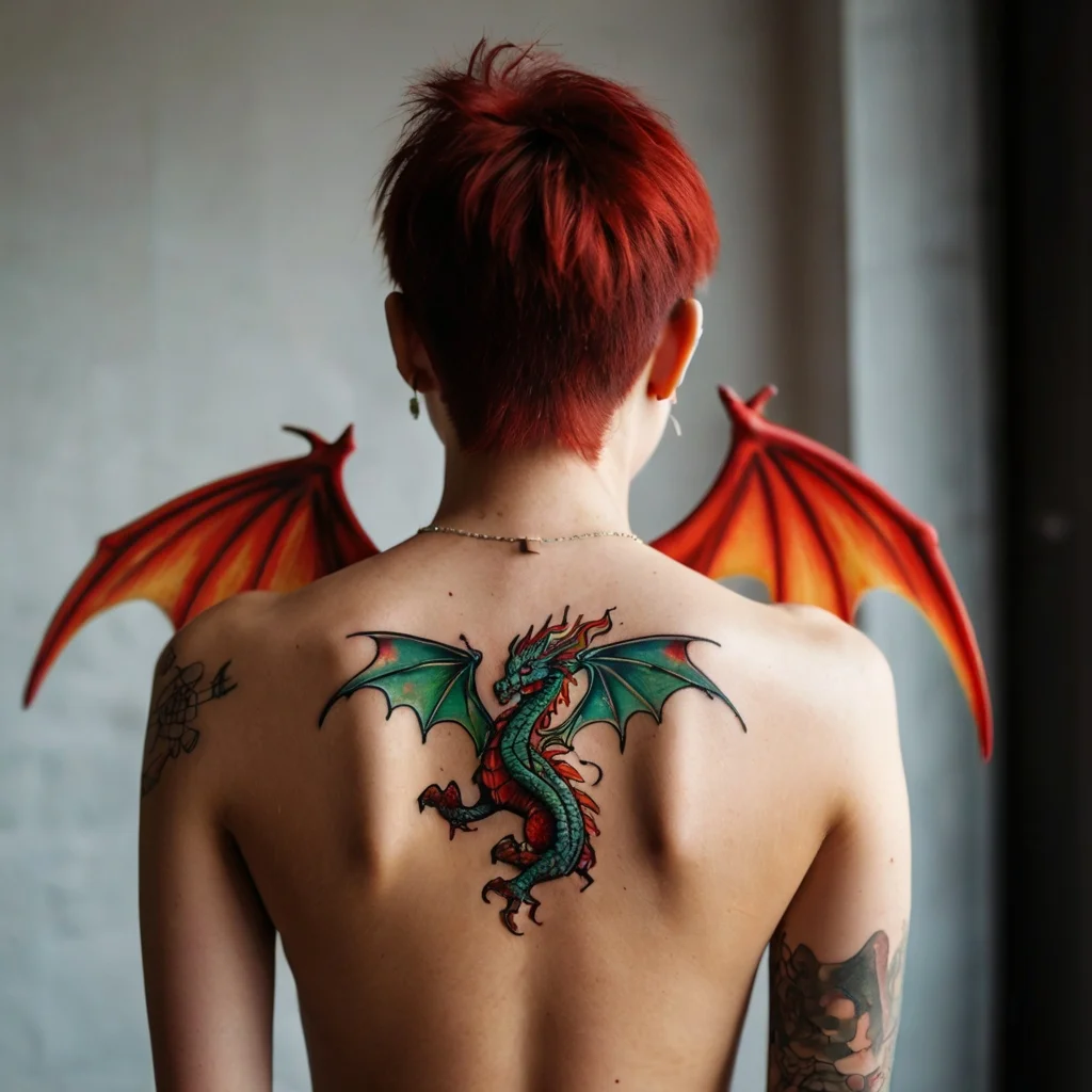 Tattoo of a vibrant dragon with green wings and fiery accents on the back, paired with red dragon wings on arms.