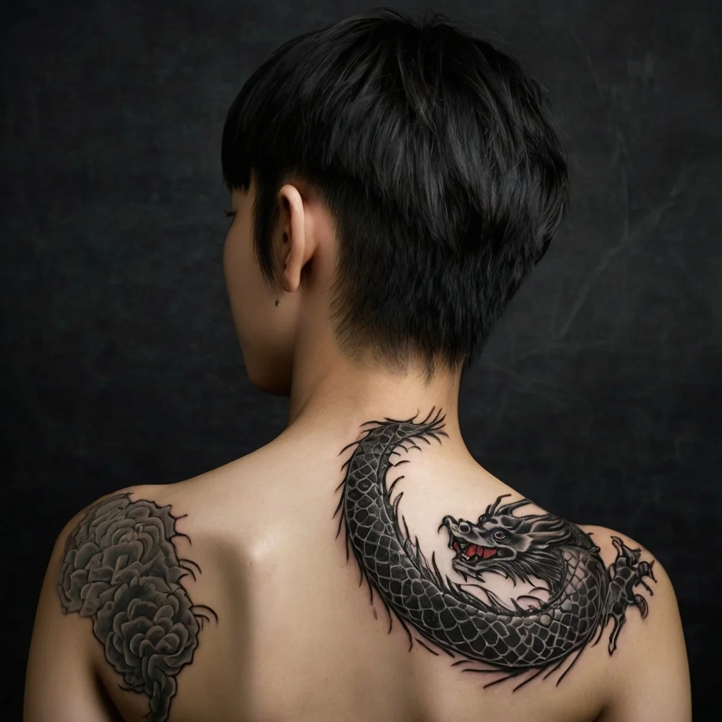 Tattoo of a coiled black dragon with red eyes on the upper back; intricate scales and flowing mane enhance the mythical design.