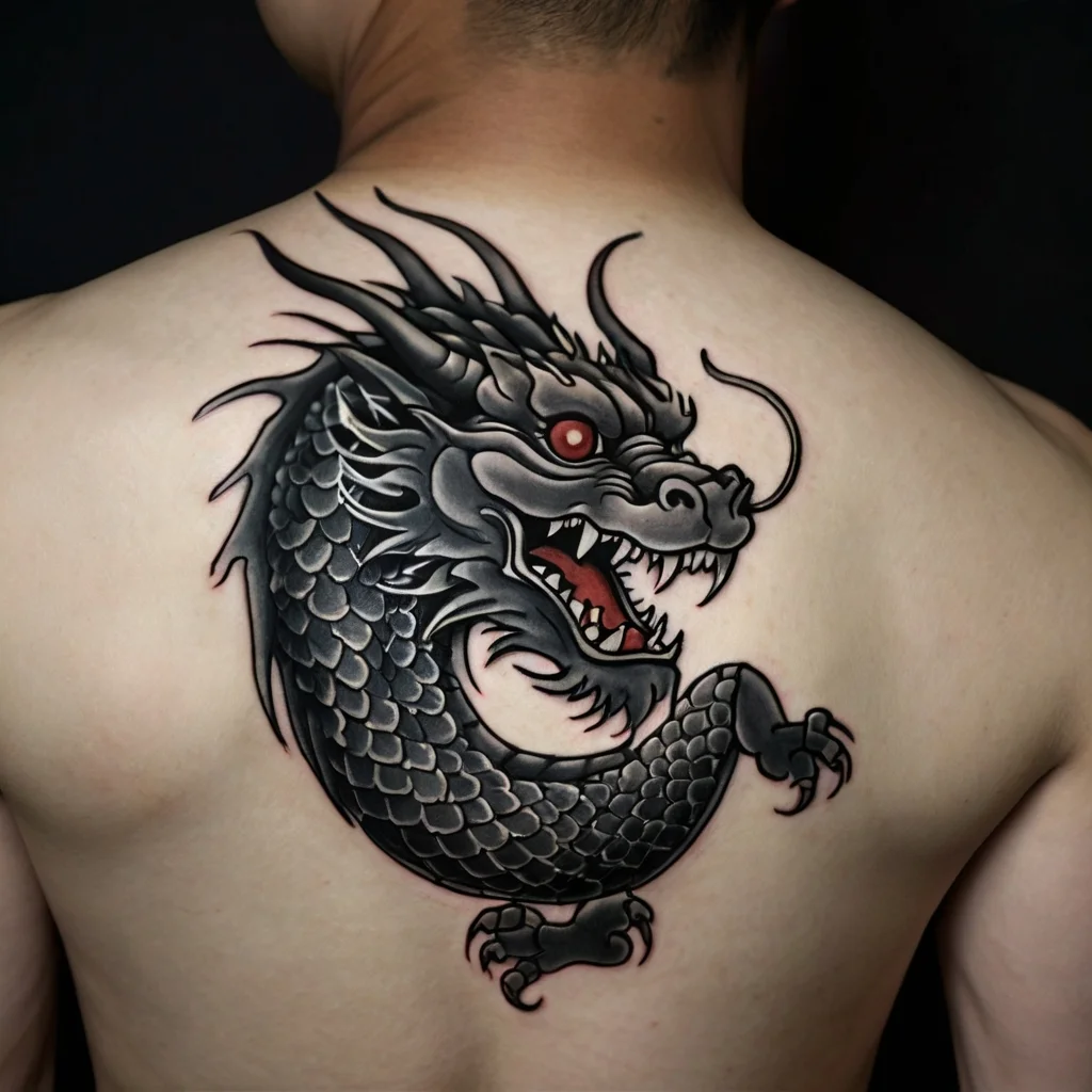 Stylized black dragon tattoo with red eyes, showing sharp teeth and detailed scales, positioned on upper back.