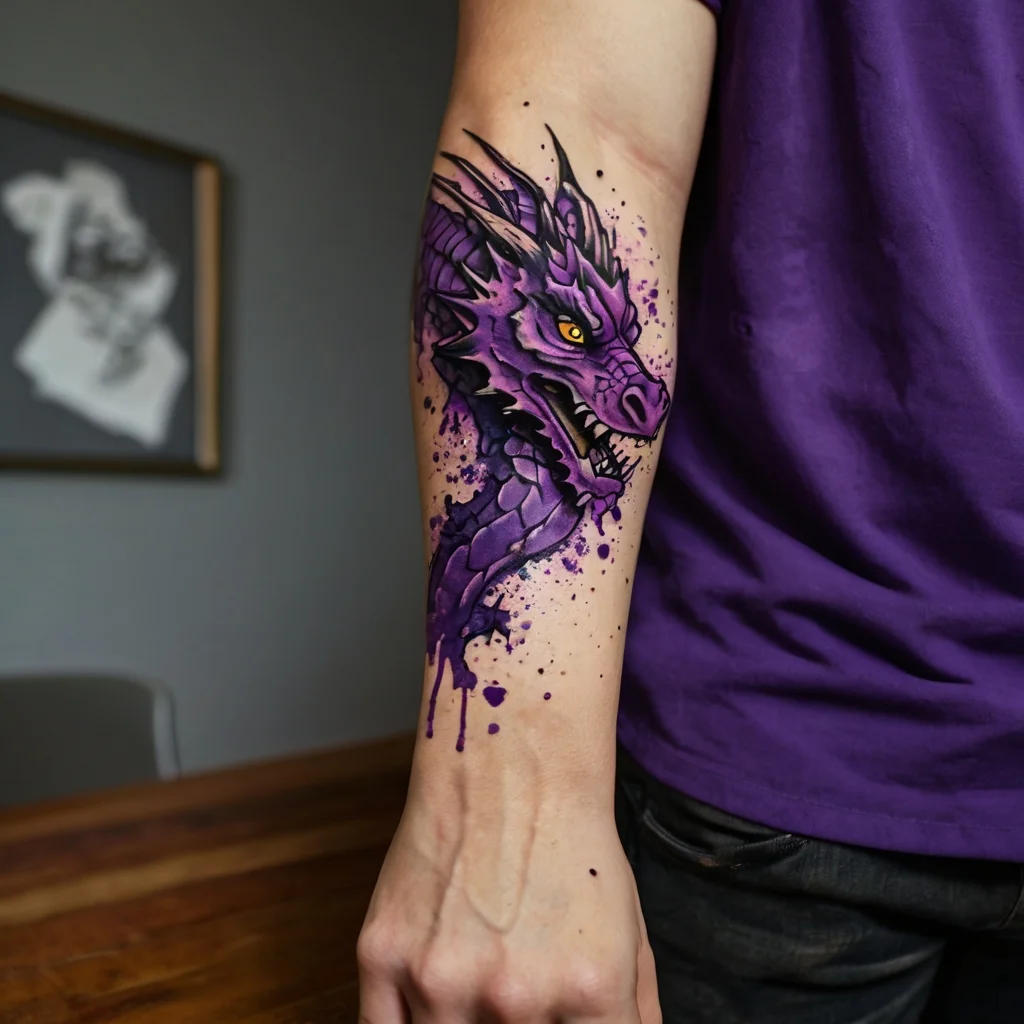 A vibrant purple dragon tattoo with fierce yellow eyes on forearm, enhanced by splatter effect for a dynamic appearance.