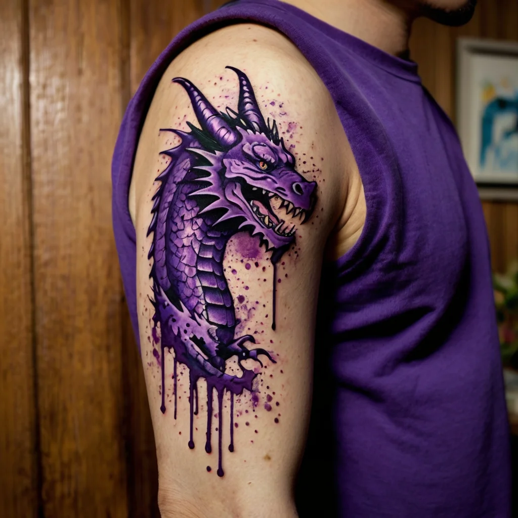 Purple dragon tattoo with intricate scales and horns, dripping ink effect, and a fierce expression, on upper arm.