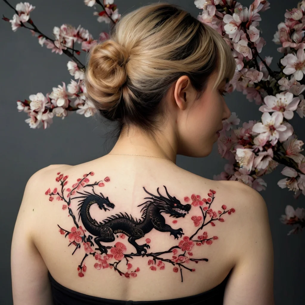 Tattoo depicts a black dragon intertwined with cherry blossoms, symbolizing strength and beauty across the wearer's back.