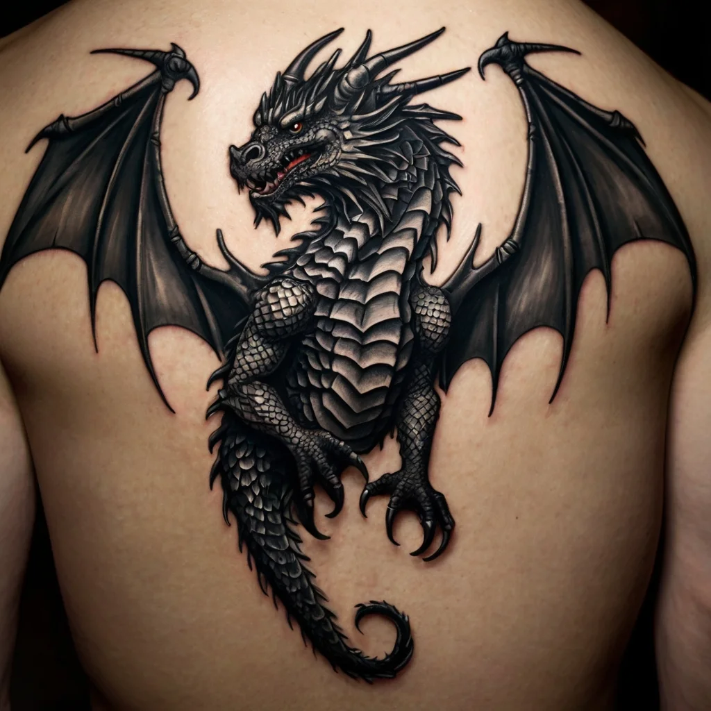 Intricate dragon tattoo on back, featuring sharp scales and detailed wings, exuding strength and power.