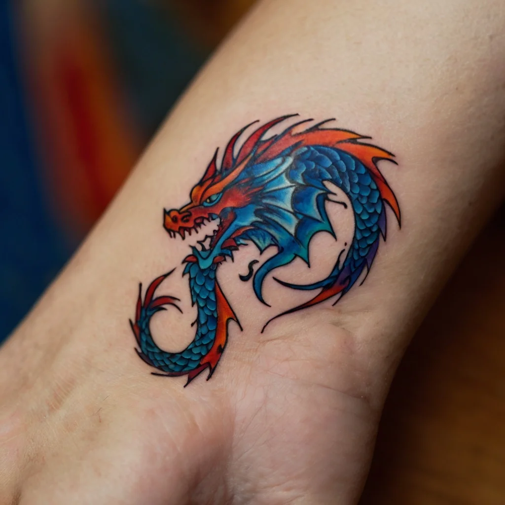 Vibrant dragon tattoo with a fierce expression, featuring blue and red scales, curving gracefully on the forearm.