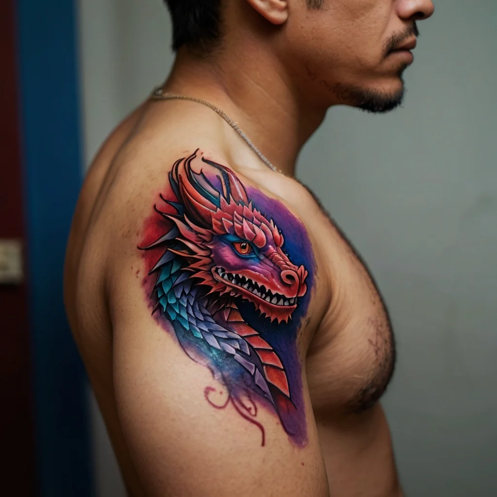 Colorful dragon tattoo on shoulder, featuring vibrant blue and red scales with intricate detailing and fierce expression.