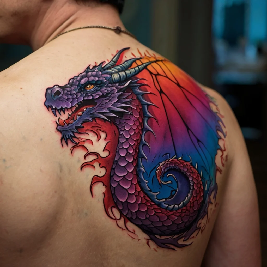 A vibrant tattoo of a purple dragon with detailed scales and a colorful sunset backdrop on the shoulder.