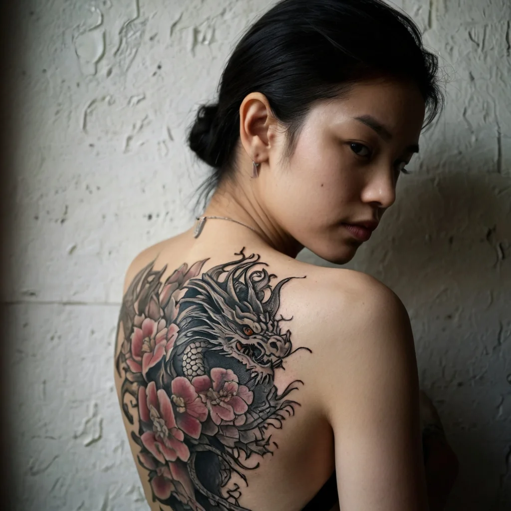 Intricate dragon and cherry blossom tattoo on back, featuring detailed scales and flowing petals with pink accents.