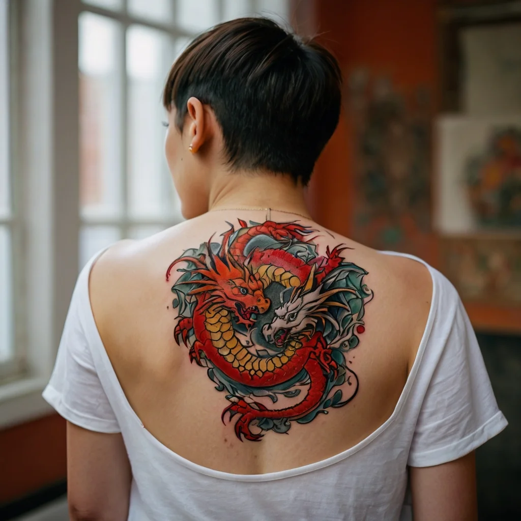 A vibrant tattoo of two intertwined dragons, red and blue, symbolizing balance and duality, on a person's back.