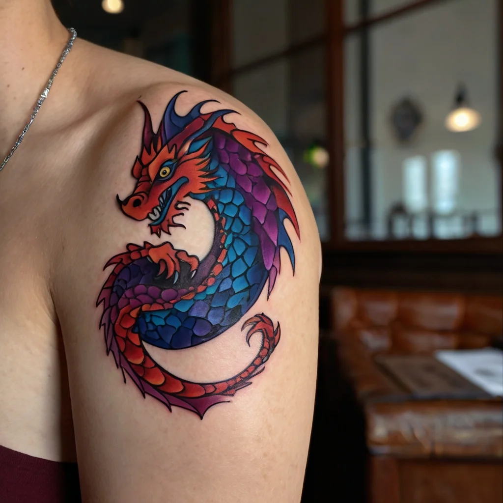 Colorful dragon tattoo with vibrant scales in blue, purple, and red, curling elegantly on the shoulder.