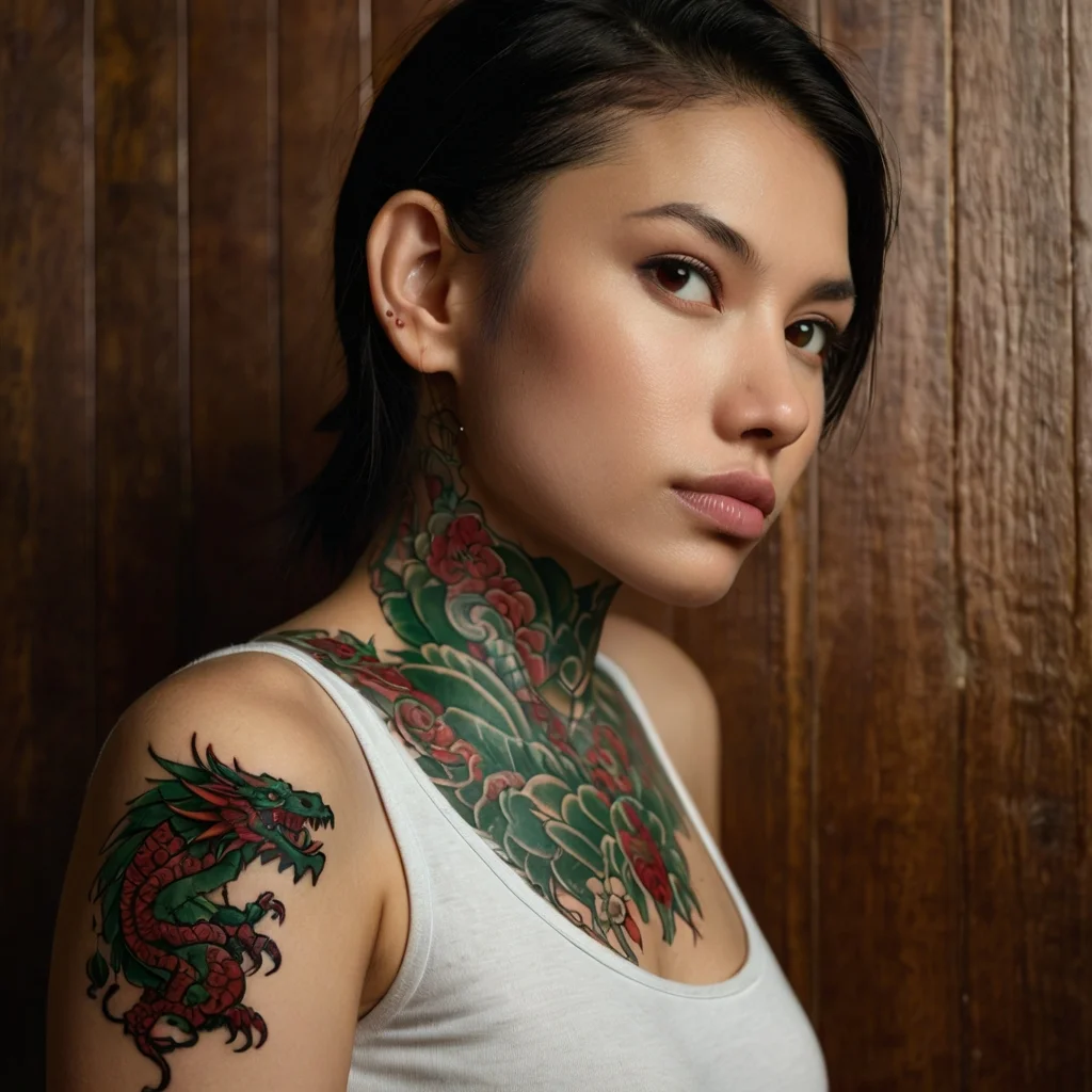 Tattoo of a vibrant green and red dragon on the arm, with intricate floral designs extending to the neck.