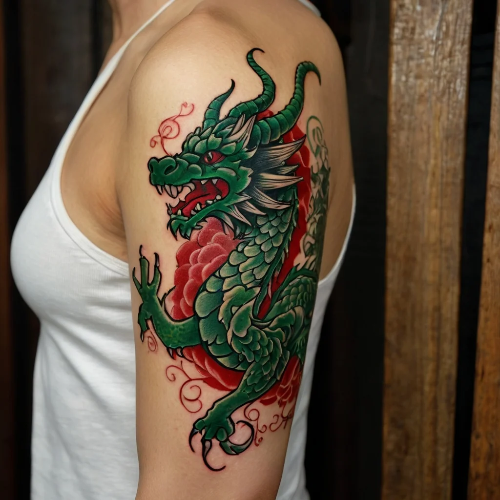 Intricate green dragon tattoo with red accents and bold outlining on the arm, exuding strength and mysticism.