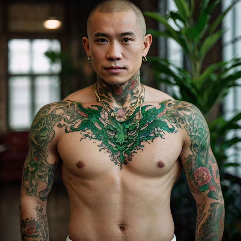 Intricate green dragon tattoo with floral motifs covers chest and arms, blending traditional and modern styles.