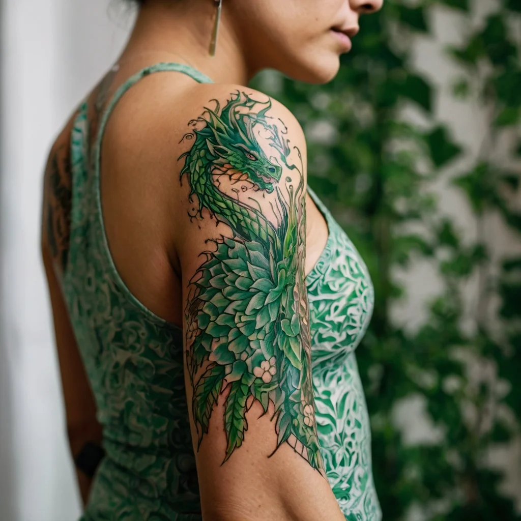 A vibrant green dragon tattoo wraps around the shoulder, with intricate scales and foliage details.