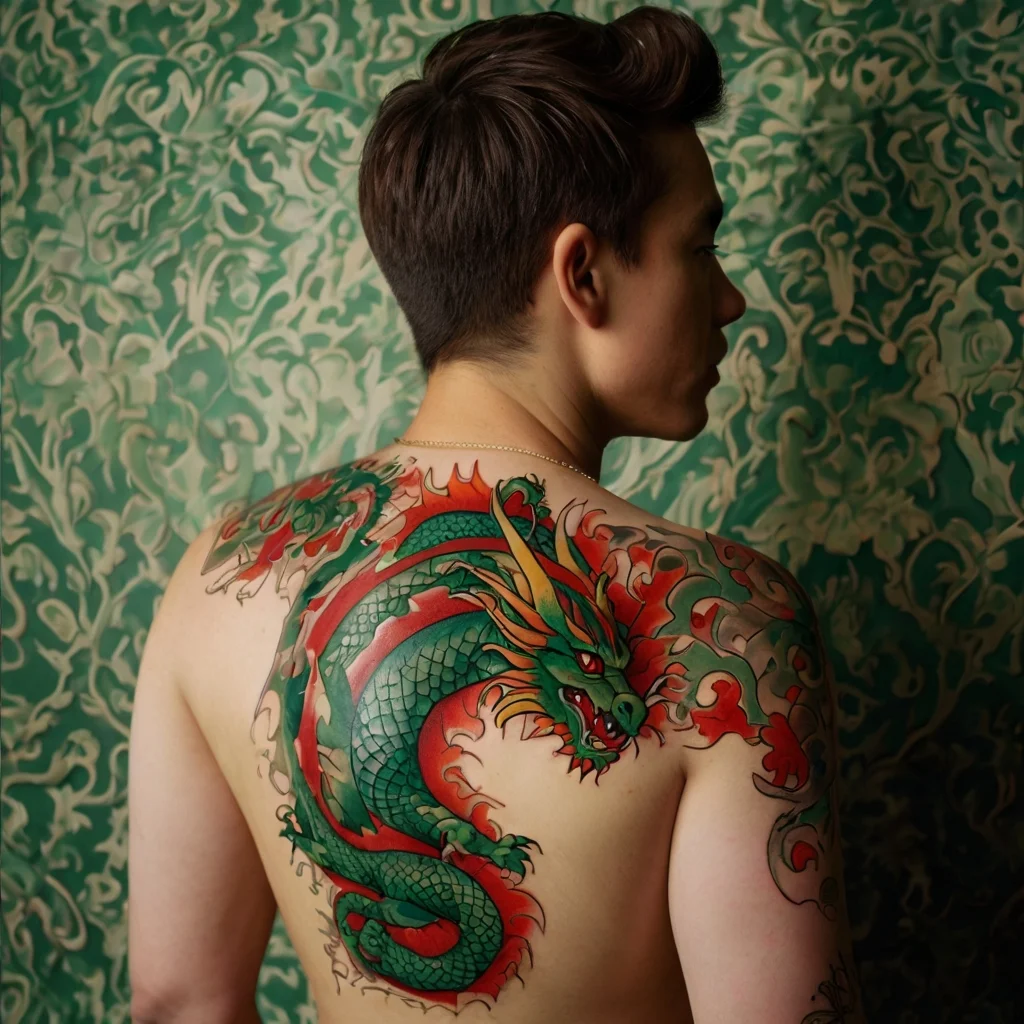 A vibrant green and red dragon tattoo wraps across the man's back and shoulder, detailed with flames and scales.