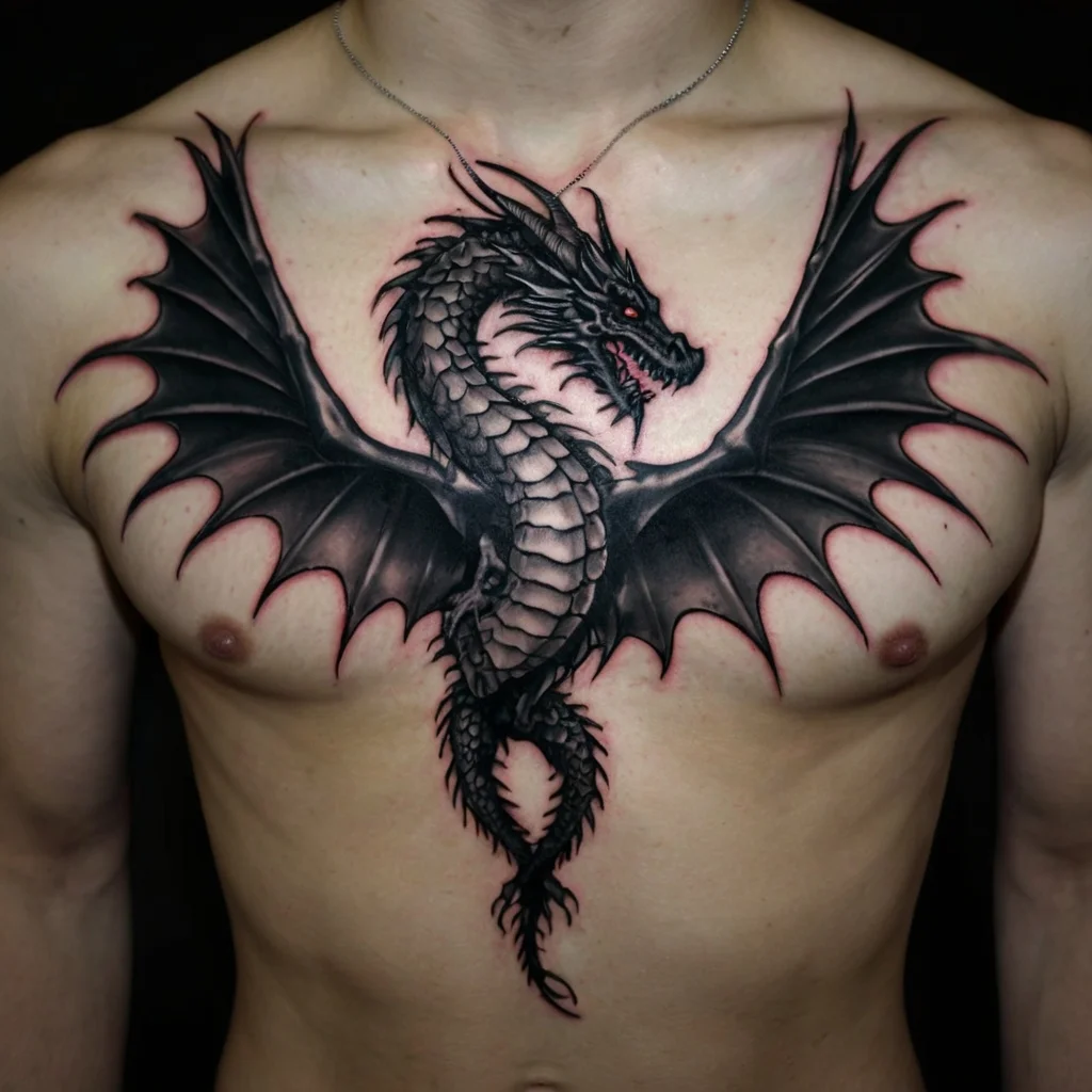 Intricate black dragon chest tattoo with fierce red eyes, detailed scales, and wide, strong wings spanning across the chest.