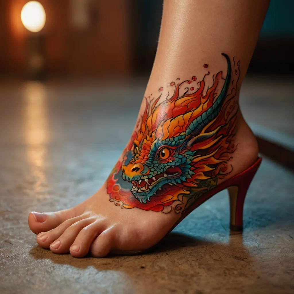 Vibrant dragon tattoo on foot, featuring fiery orange and blue tones, with intricate scales and flowing whiskers.