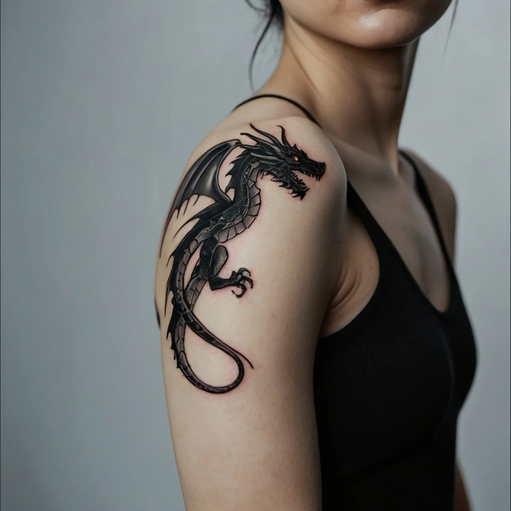 Tattoo of a black dragon with red eyes on shoulder; intricate scales and wings emphasize a fierce, mythical appearance.