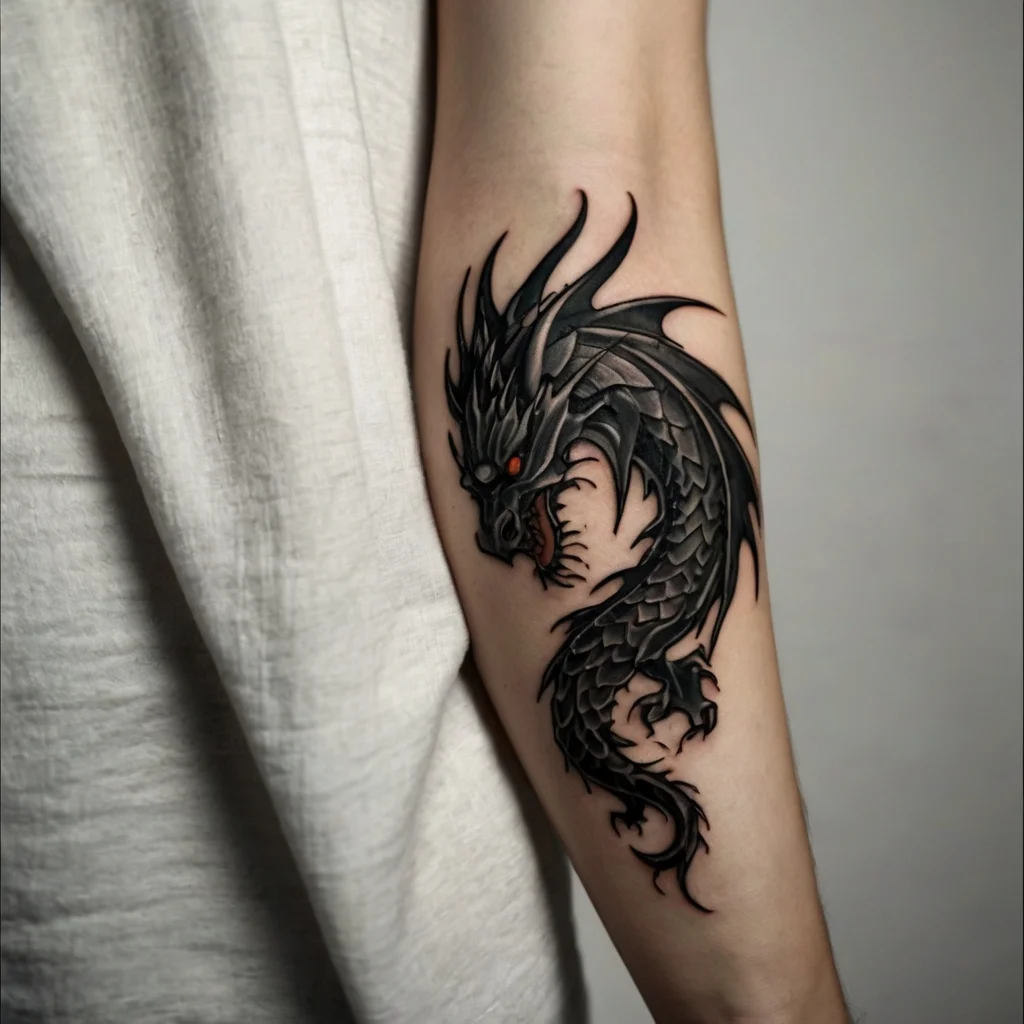 Intricate black dragon tattoo wraps around the forearm, featuring red eyes and sharp details, symbolizing strength and mystery.