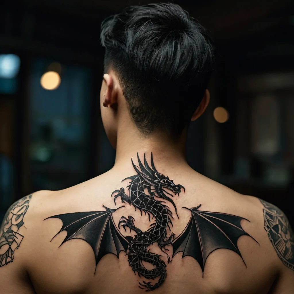 Black dragon tattoo on back, intricate scales, and outstretched wings create a fierce, mythical appearance.