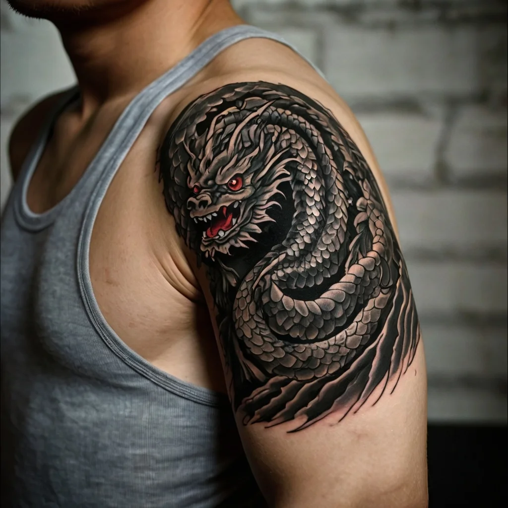 Intricate black and gray dragon tattoo with sharp scales and fierce red eyes, coiled on the upper arm, showing motion.