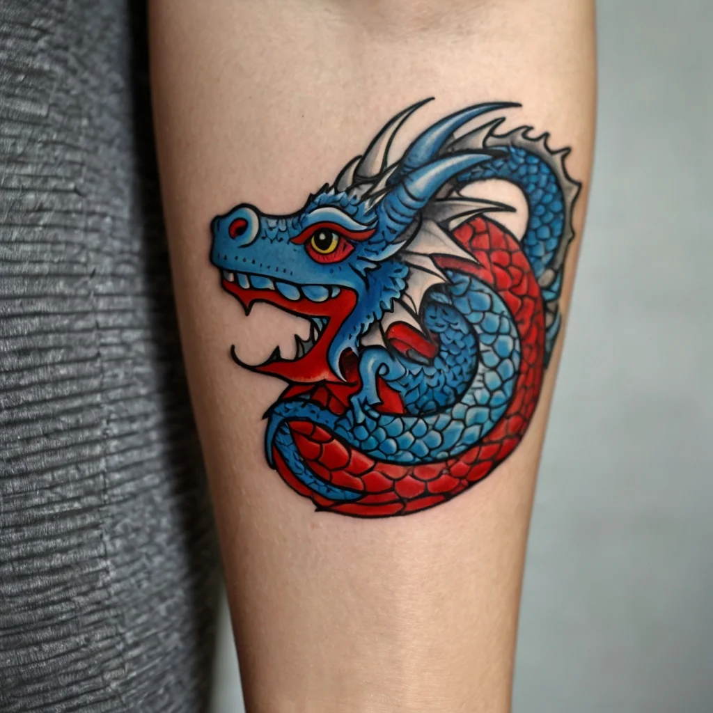 Colorful dragon tattoo featuring blue and red scales with fierce eyes, showcasing dynamic movement and bold outlines.