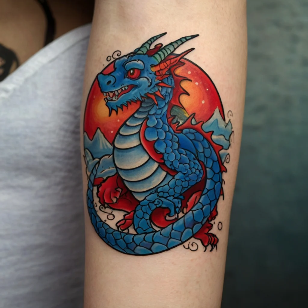 Colorful dragon tattoo in neo-traditional style with blue scales, red accents, and a fiery red-orange background.