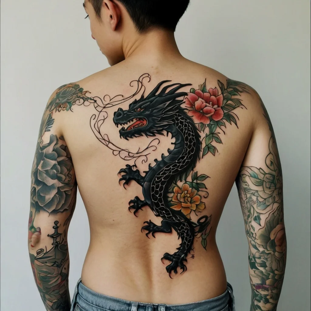 Intricate black dragon tattoo covers back, surrounded by vibrant flowers. Detailed scales and floral accents create contrast.