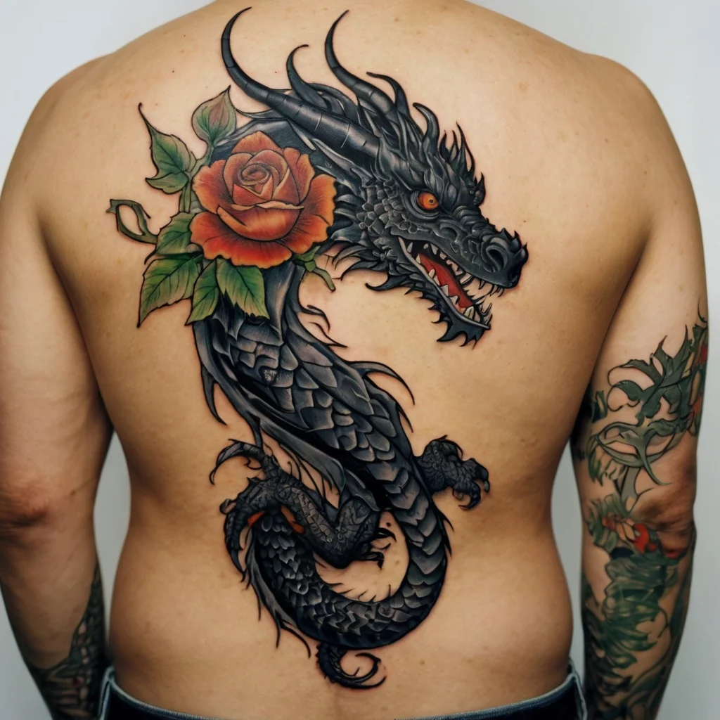 A black dragon intertwined with a vibrant red rose, detailed scales and dramatic shading cover the entire back.