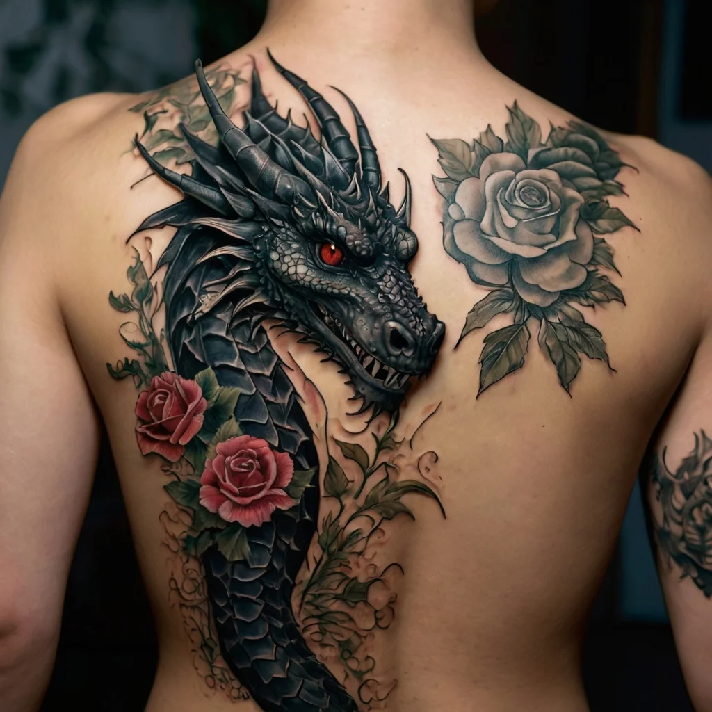 Realistic dragon head with vivid red eyes and roses, entwined with vines, contrasts with a grayscale rose.