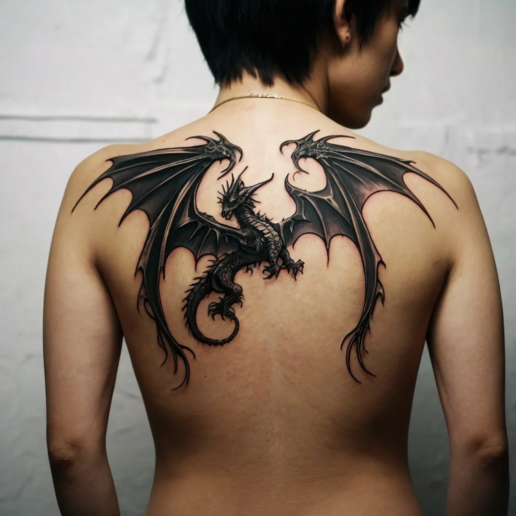 A detailed black dragon tattoo with spread wings, elegantly spanning the upper back. Dynamic shading adds depth and texture.