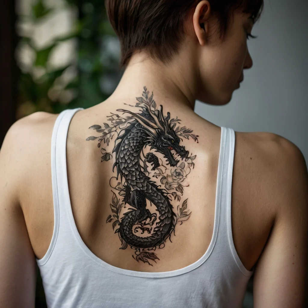 Intricate black dragon tattoo with detailed scales and floral accents, elegantly wrapped around the back.