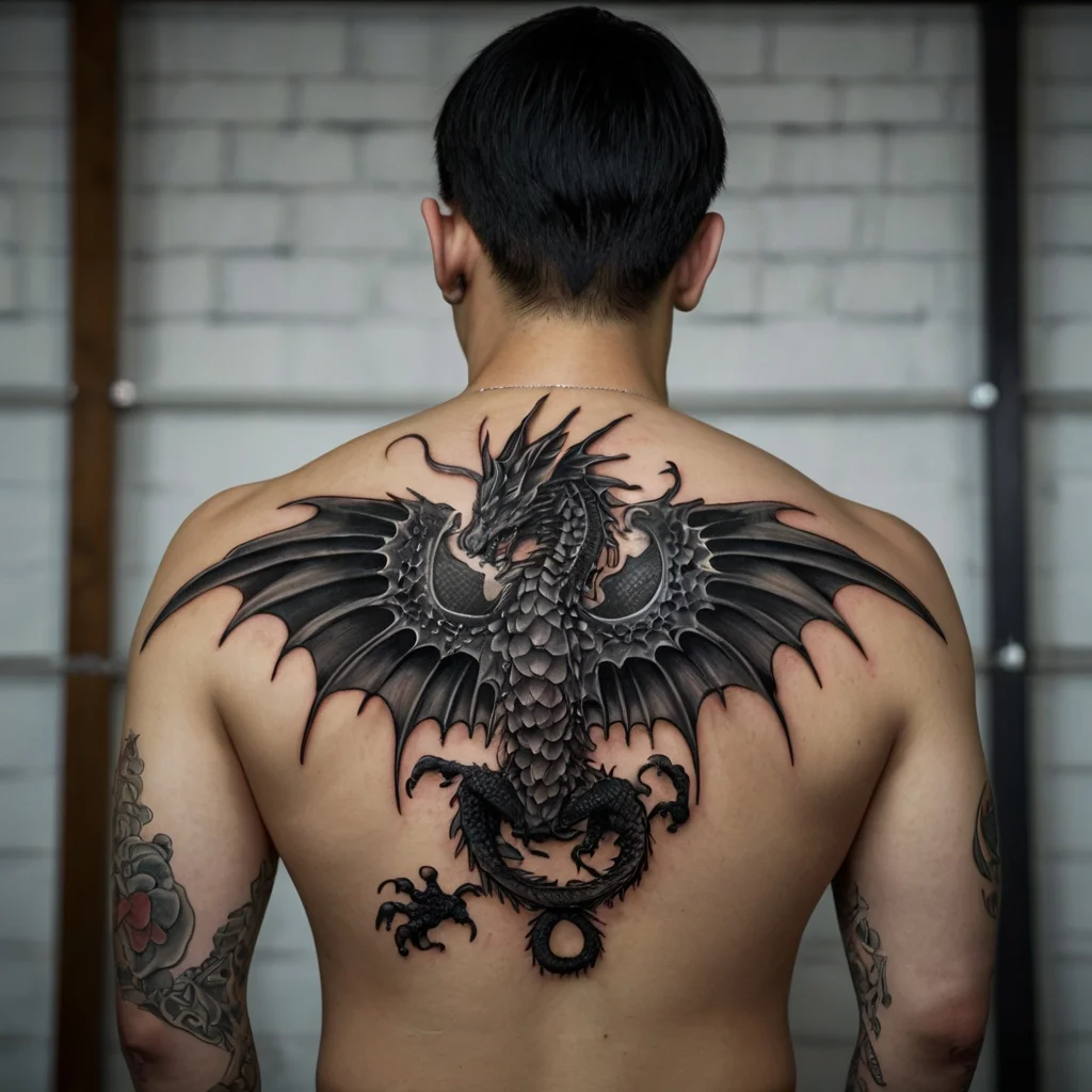 Intricate black and gray dragon tattoo spans the back, wings extended, detailed scales and fierce gaze highlight its power.