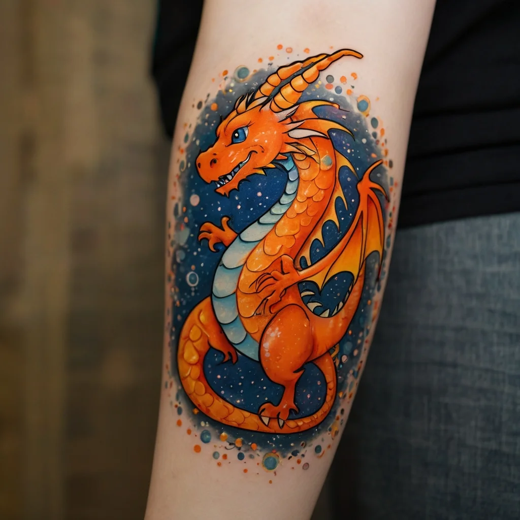 Vibrant dragon tattoo in shades of orange and blue, surrounded by bubbles and stars, featuring dynamic and bold linework.