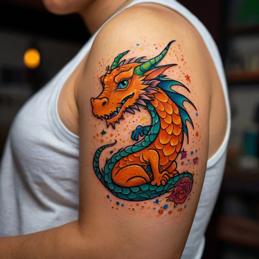 Colorful dragon tattoo with bright orange scales and blue accents, featuring stars and splatters, on upper arm.