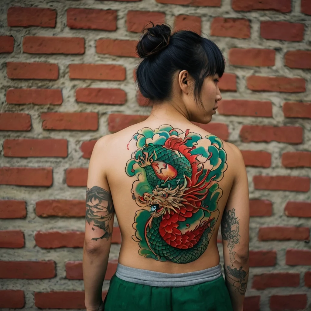 Vibrant back tattoo of a dragon in red and green, encircled by blue clouds, blending traditional Asian style.