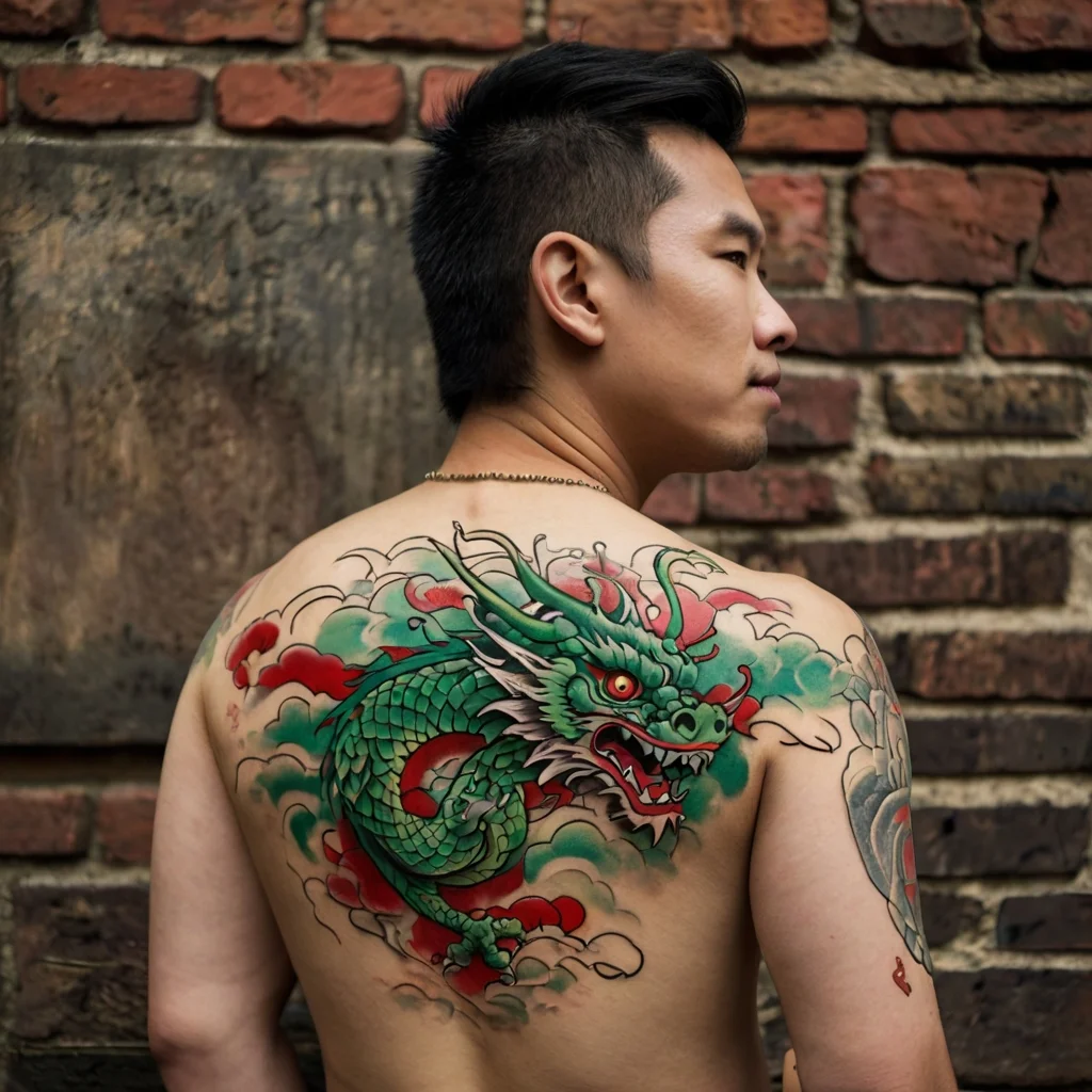 Vibrant design of a green dragon with red accents on the back, featuring clouds and intricate scales, symbolizing power.