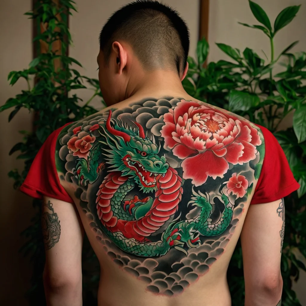 A vibrant back tattoo of a green and red dragon intertwined with a large red peony and clouds, blending bold colors and details.