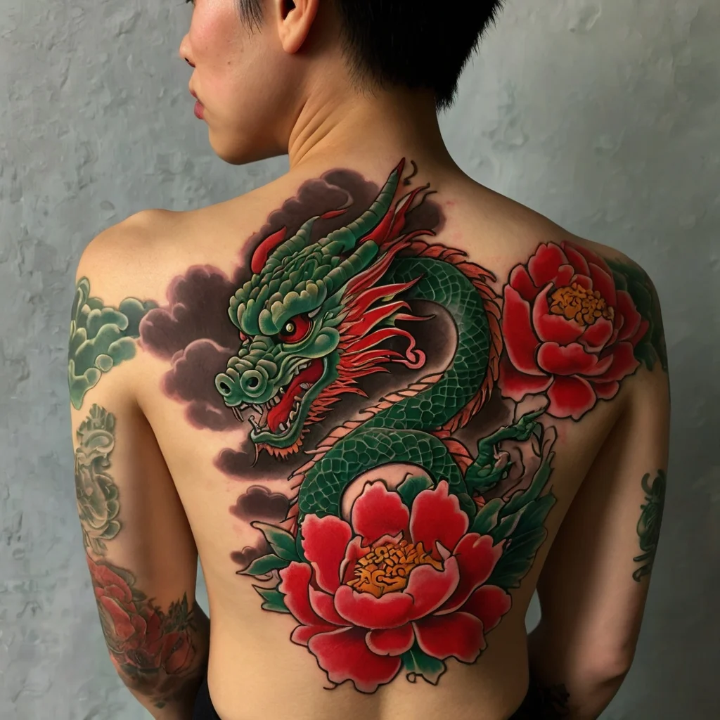 Green dragon tattoo with red mane and scales, intertwined with vibrant red peonies, covering the back.