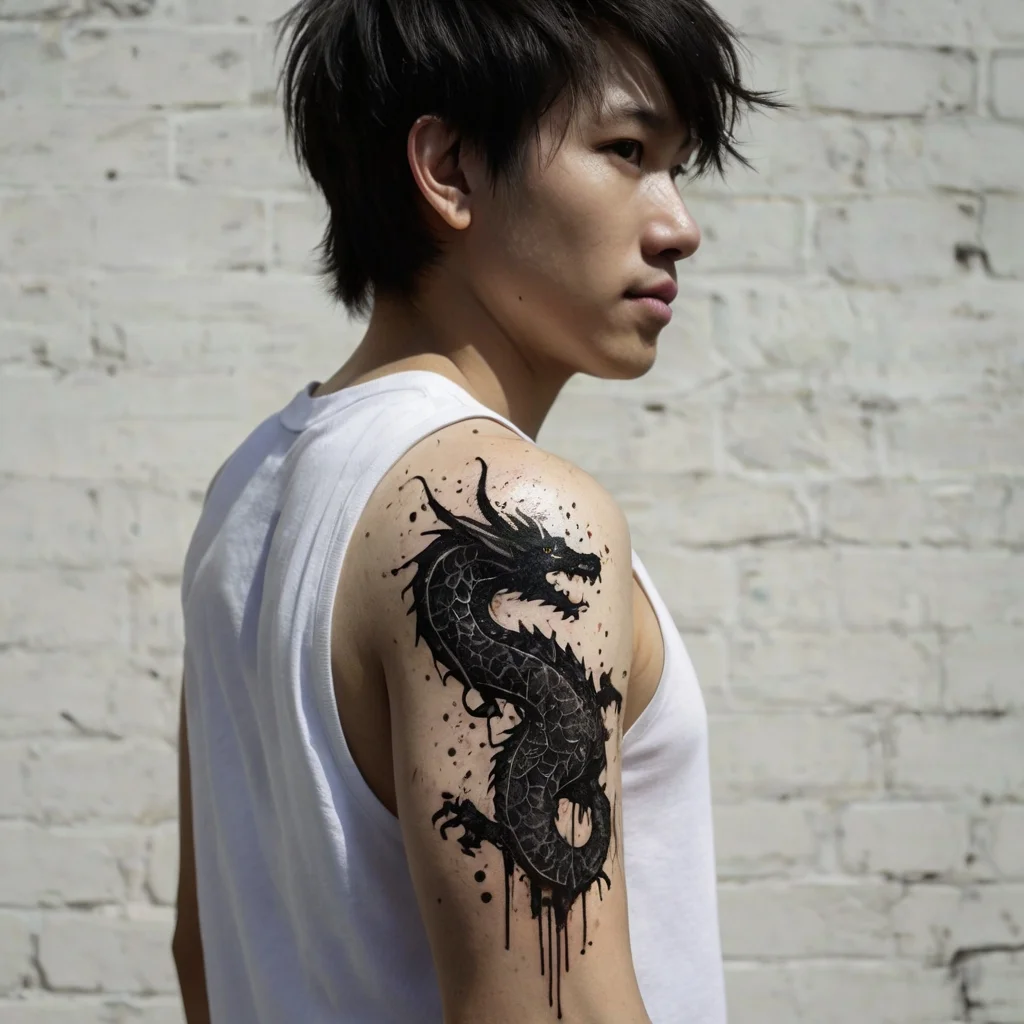 Black dragon tattoo on arm, featuring intricate scales and splatter details, symbolizing power and mystique.