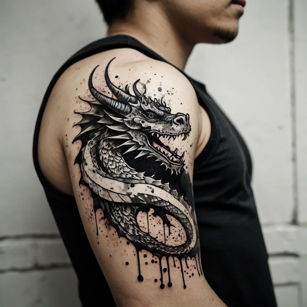 Black and white dragon tattoo on upper arm, showcasing intricate scales and ink splatters for dynamic effect.