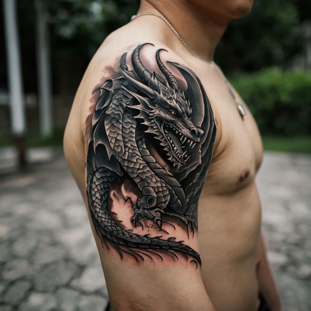 Detailed black and gray dragon tattoo on shoulder, showcasing intricate scales and fierce expression with smoke accents.