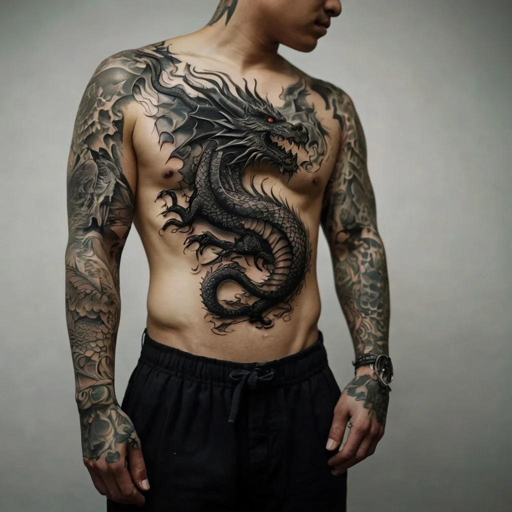 Intricate black dragon chest tattoo with detailed scales and fierce expression, framed by full sleeve tattoos.