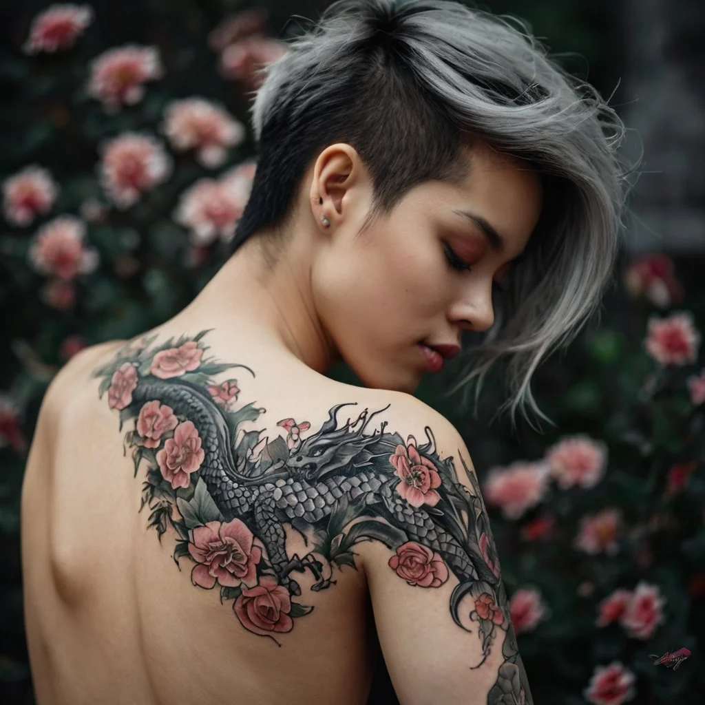 Tattoo of a dragon intertwined with pink roses, flowing elegantly across a shoulder with a mix of black and pastel colors.