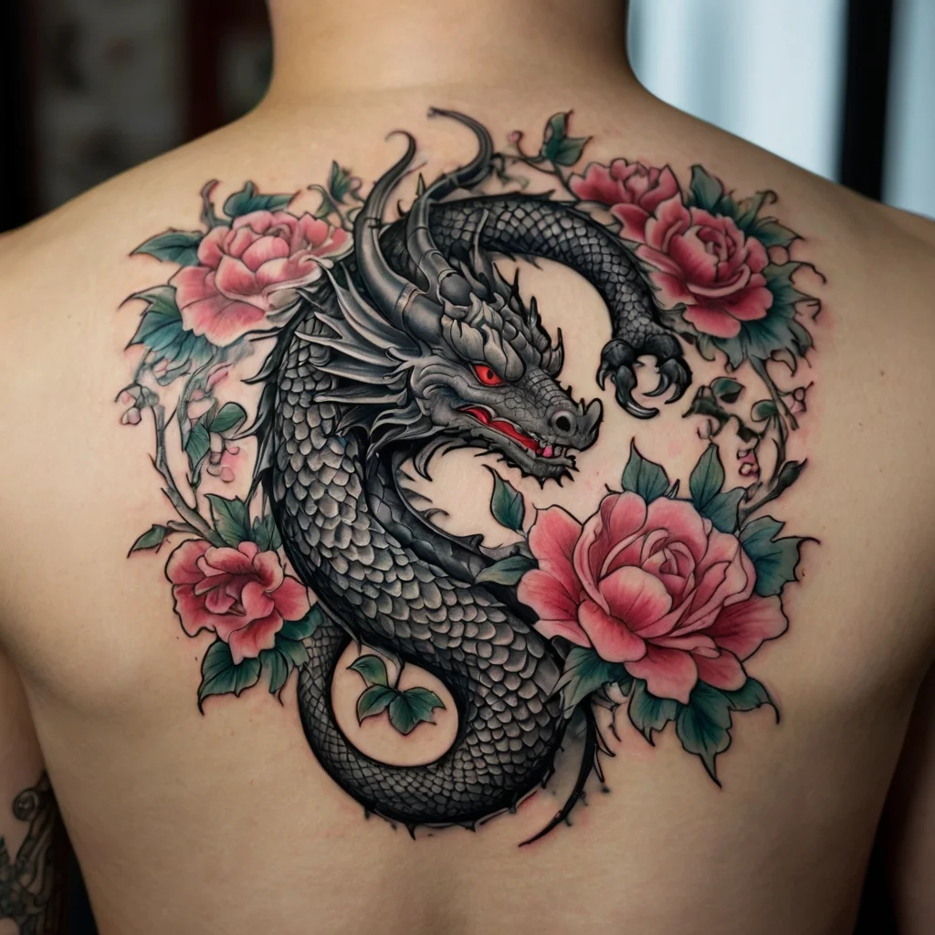 Intricate dragon tattoo with vivid red roses, blending strength and beauty, gracing the upper back in detailed realism.