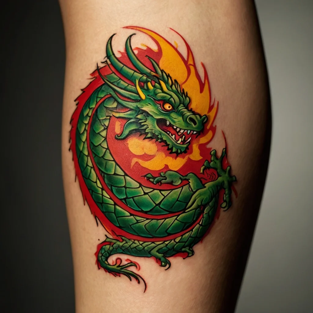 Vibrant green dragon tattoo breathing fire, with intricate scales and fierce expression, set against a fiery orange backdrop.