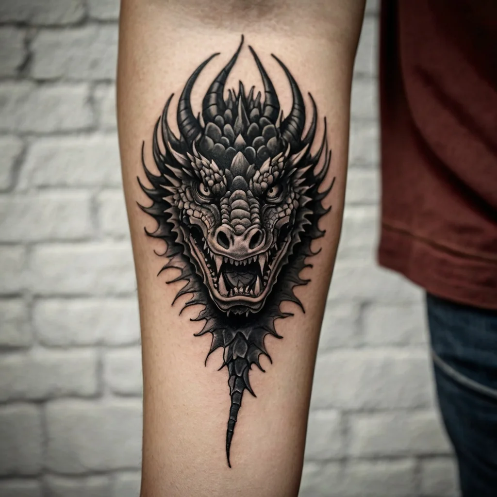 Tattoo of a fierce dragon head in black and gray, with intricate scales and sharp horns, showcasing a dynamic, fantasy style.