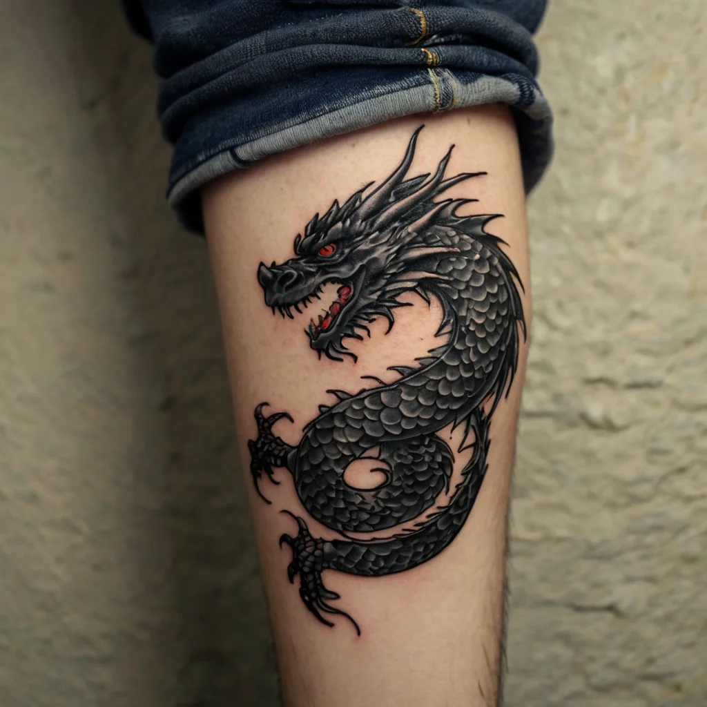 Intricate black dragon tattoo with red eyes, coiled on the forearm. Detailed scales add texture and depth.