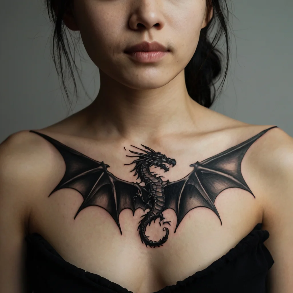 Tattoo of a fierce dragon in rich black ink sprawled across the chest, with detailed wings spreading out over the shoulders.