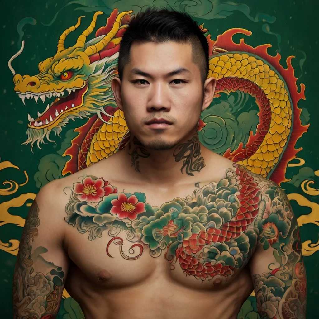 Chest tattoo of a vibrant dragon entwined with colorful flowers, illustrating strength and beauty in Asian artistry.